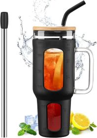 Glass Tumbler With Lid And Straw, 46 Oz Iced Coffee Cup With Handle, Glass Water Bottles With Silicone Sleeve, Glass Cup With Straws (Color: black)